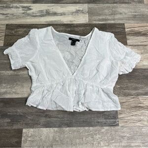 Forever 21 white embroidered v-neck babydoll blouse
